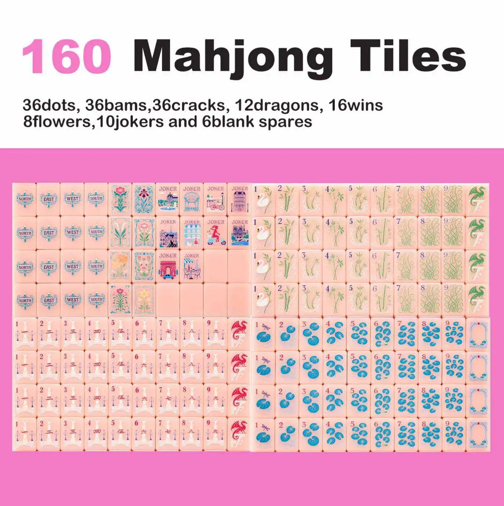 160 Mahjong tiles with various symbols on a pink background