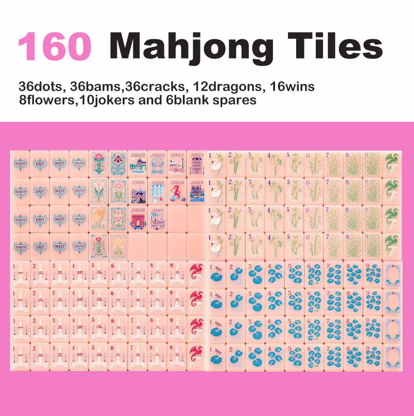 160 Mahjong tiles with various symbols on a pink background