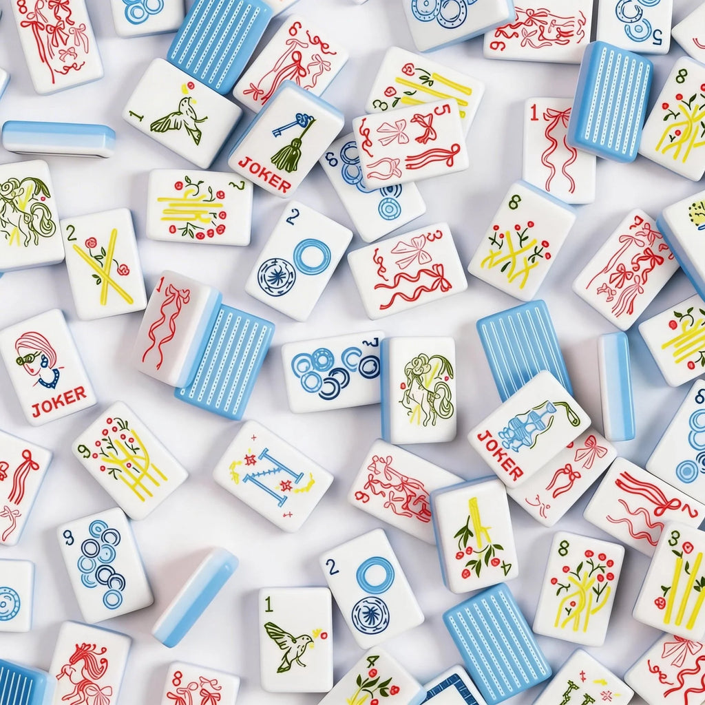 Chinoiserie & Bows American Mahjong Set - Blue Watercolor Luxury Tiles