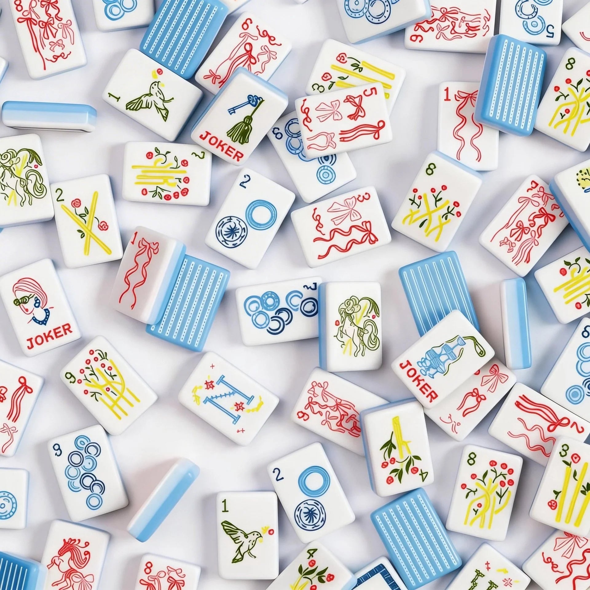 Chinoiserie & Bows American Mahjong Set - Blue Watercolor Luxury Tiles
